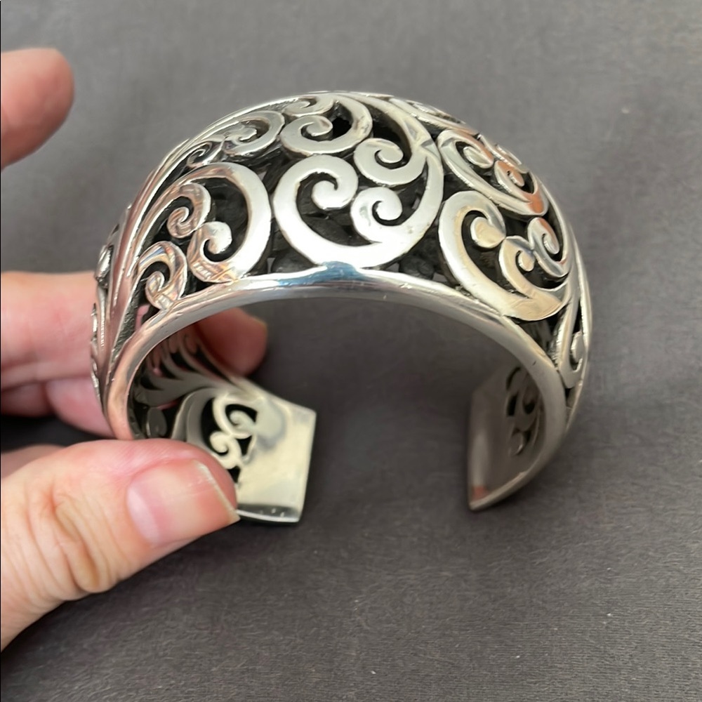 Auth Lois Hill Sterling Silver 925 Filagree Scroll Cage Wide Cuff Bracelet 185g - Picture 8 of 9